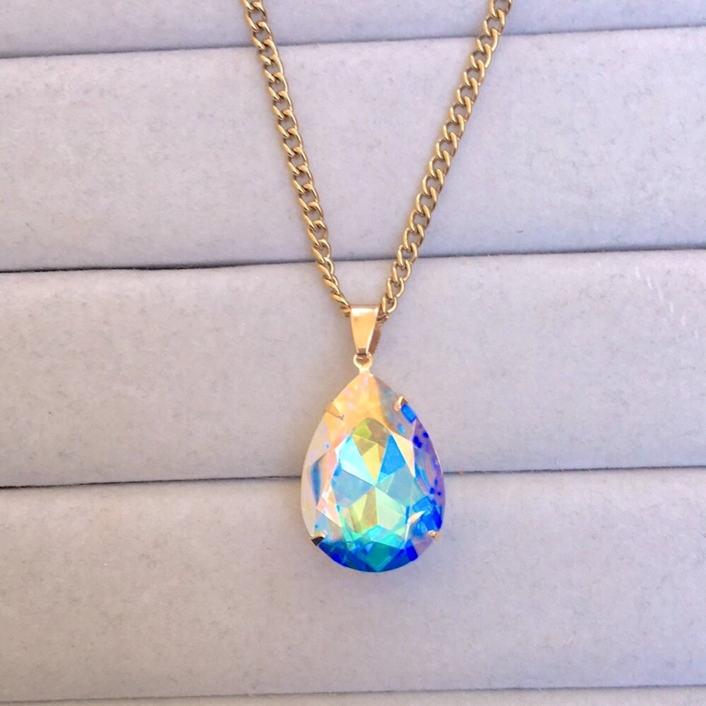 Aurora Borealis + Gold Crystal Pear Drop Pendant Necklace